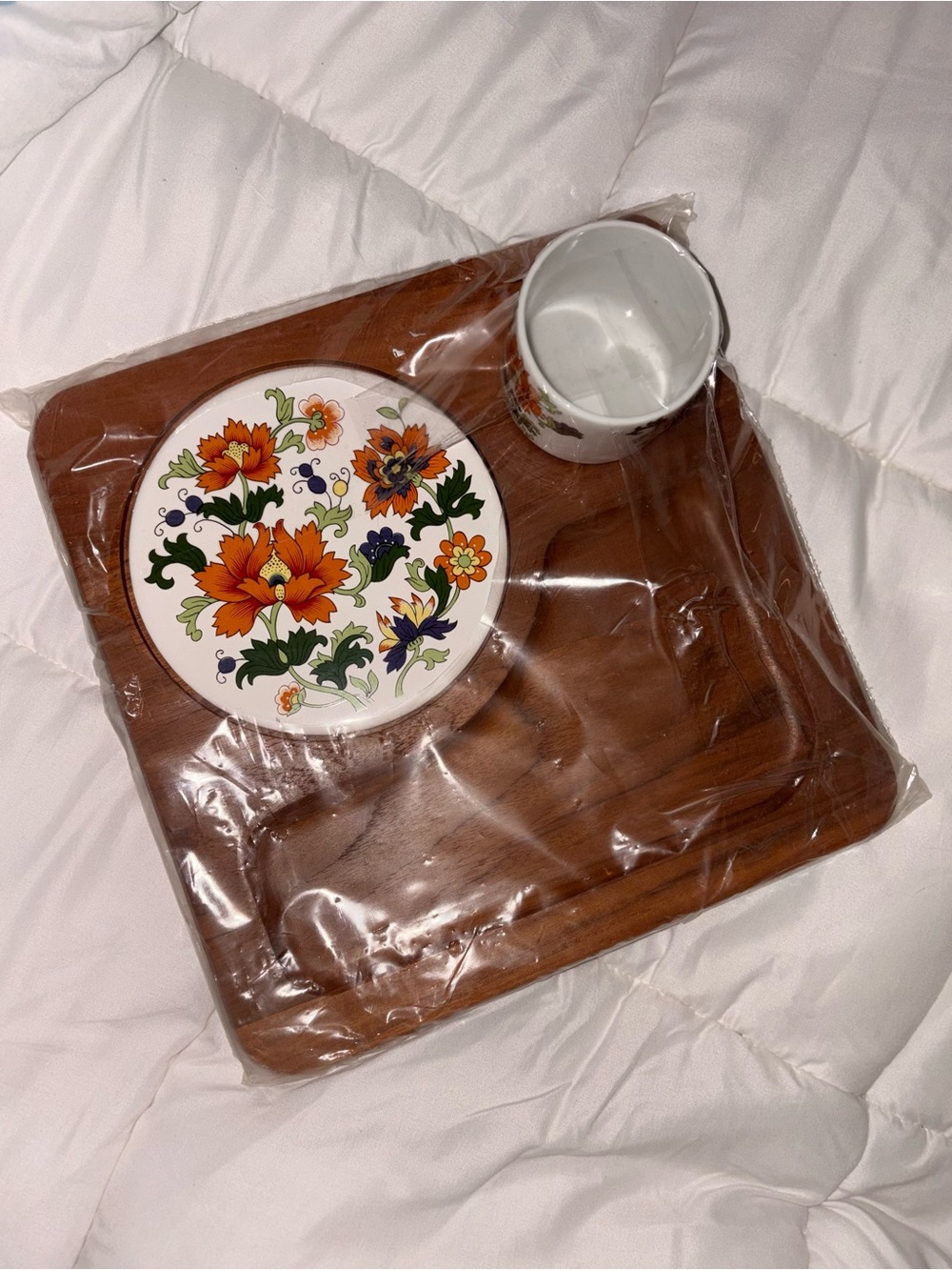 Vintage MCM Dolphin Genuine Teakwood Serving Tray Floral Tile Inlay NOS NIB